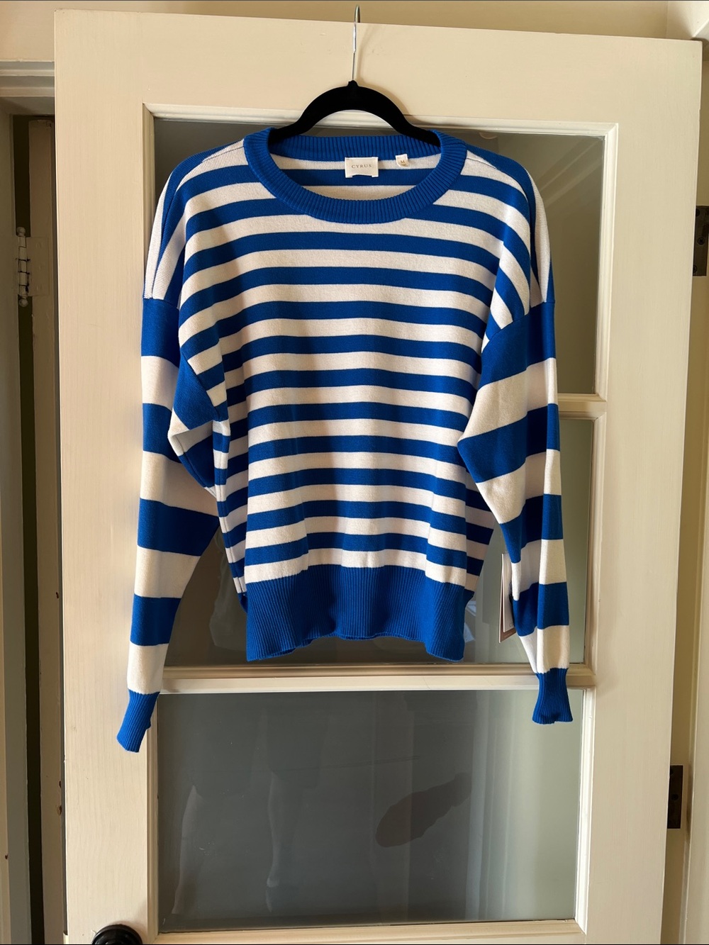 Cyrus Blue and White Striped Crewneck Sweater